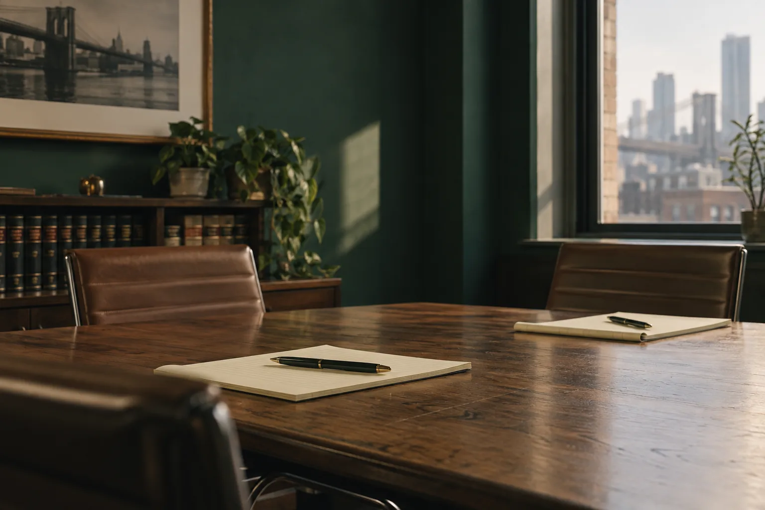 A conference room with a dark green wall, a wooden table, legal pads and a view of the Brooklyn Bridge.