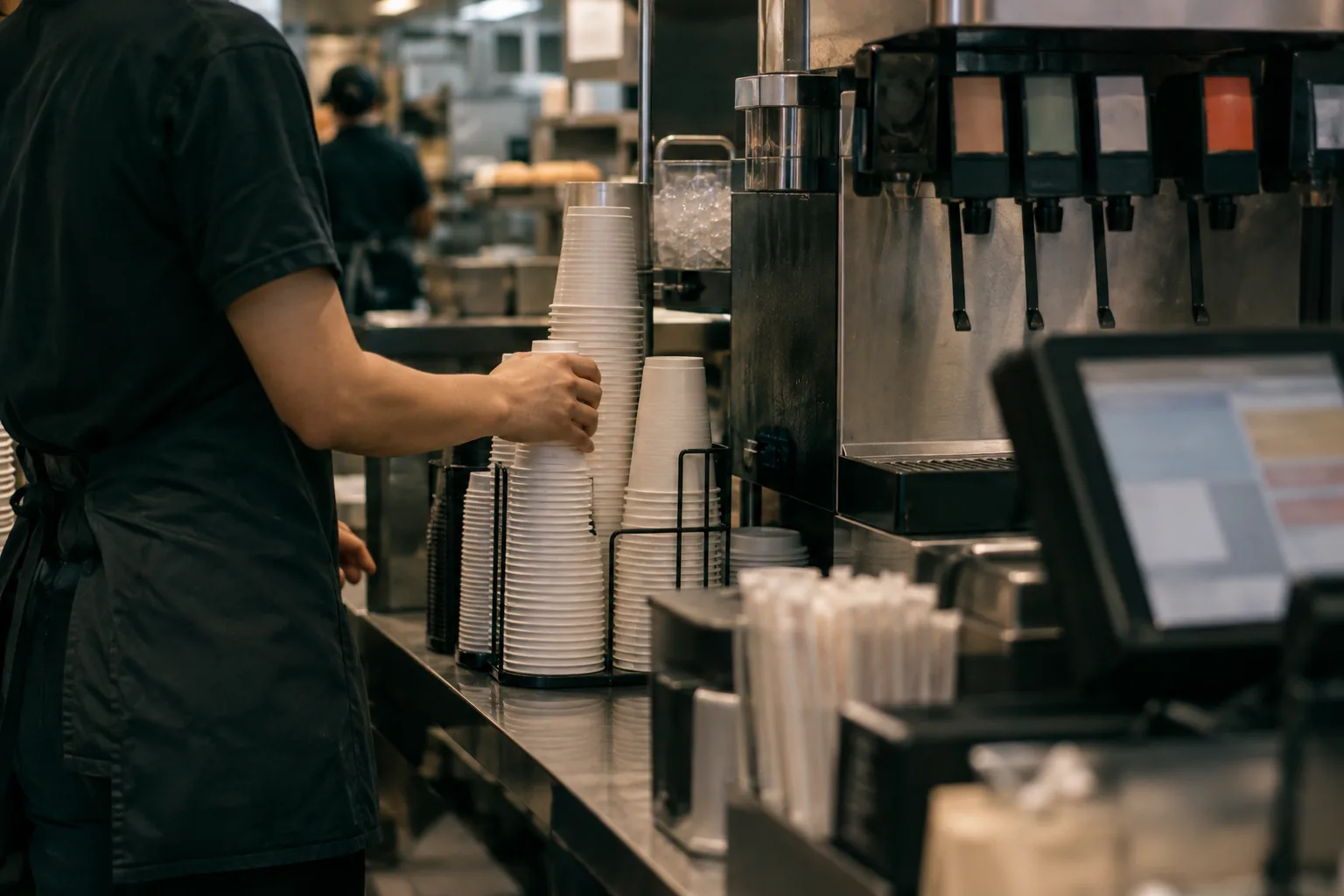 A fast-food worker restocking cups behind the counter.
