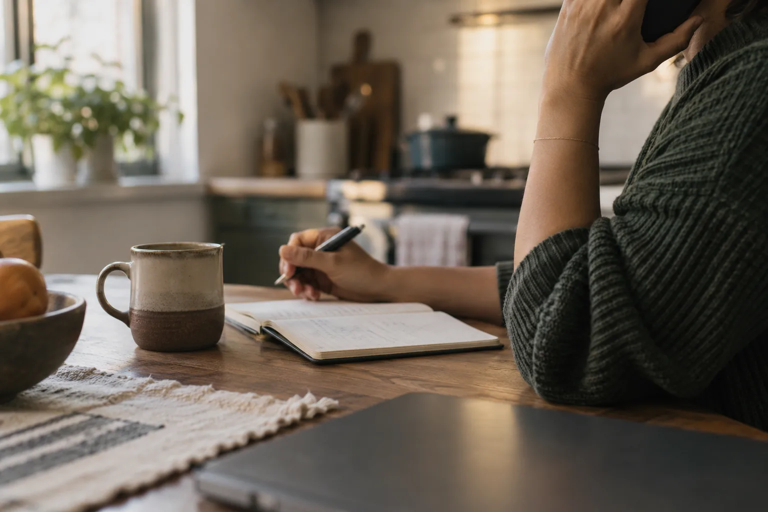 A person on the phone at a kitchen table, taking notes in an open notebook.