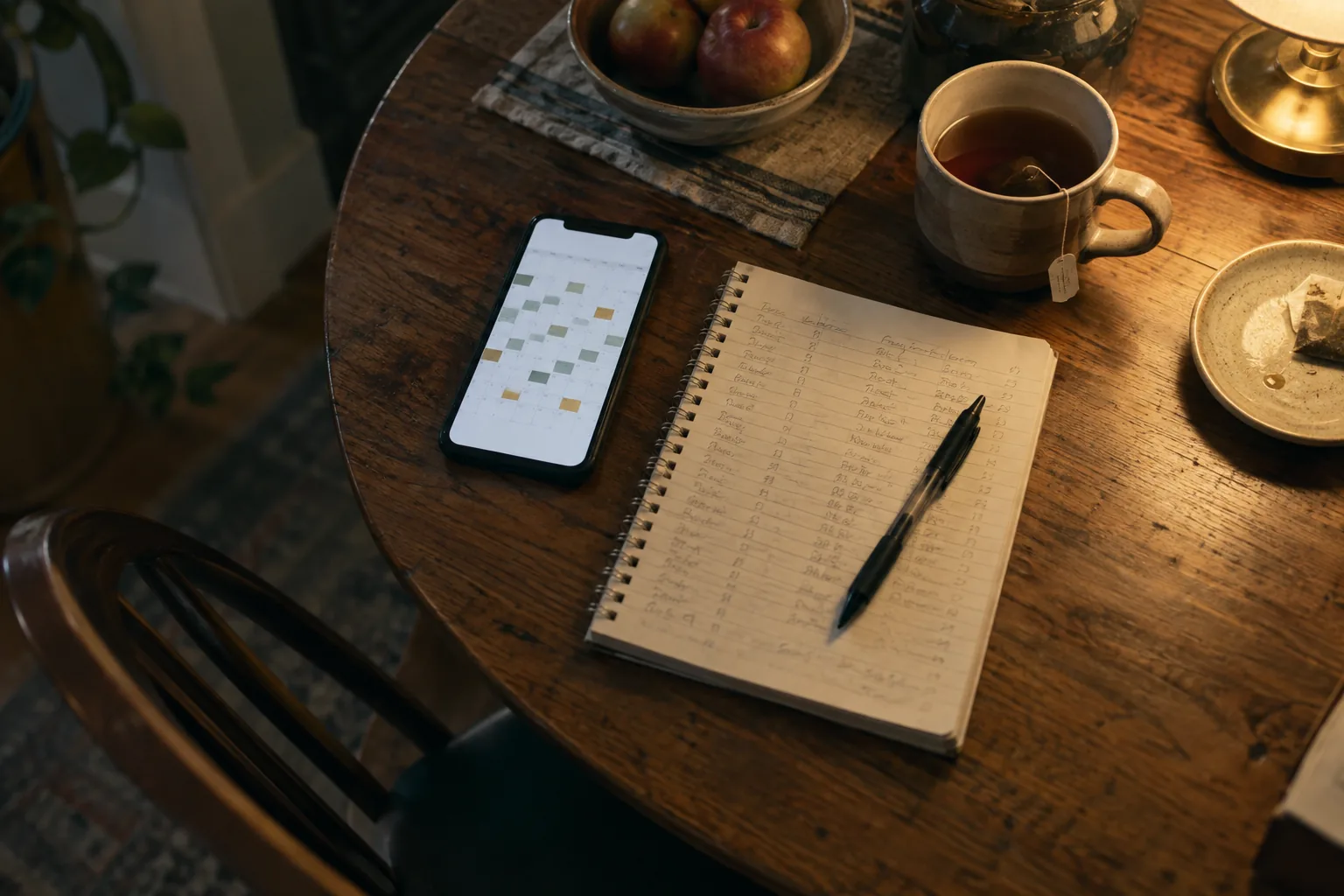 A phone showing a calendar next to a notebook of handwritten hours and a cup of tea on a kitchen table.