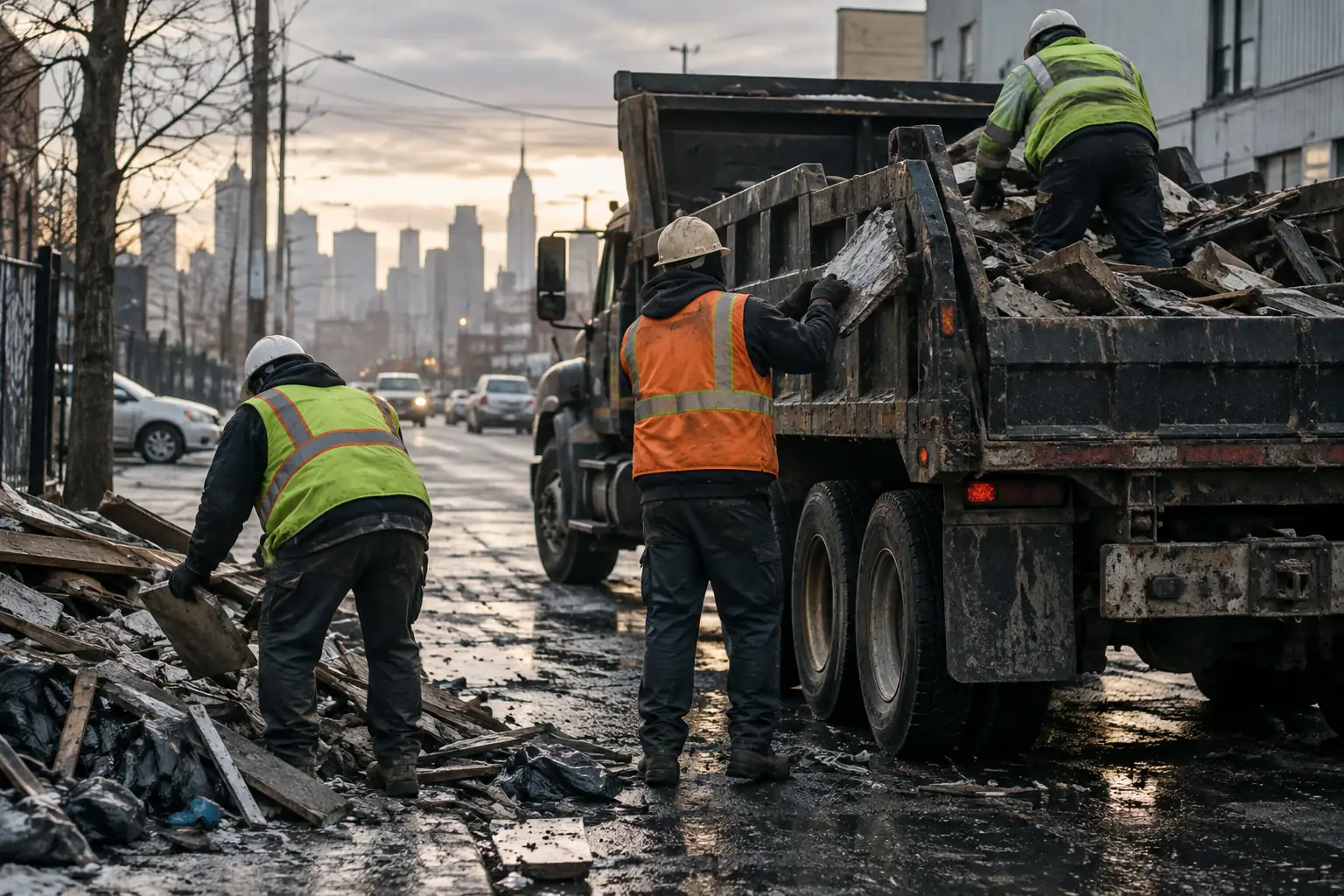 Laborers in high-visibility vests loading demolition debris into a dump truck at dawn.
